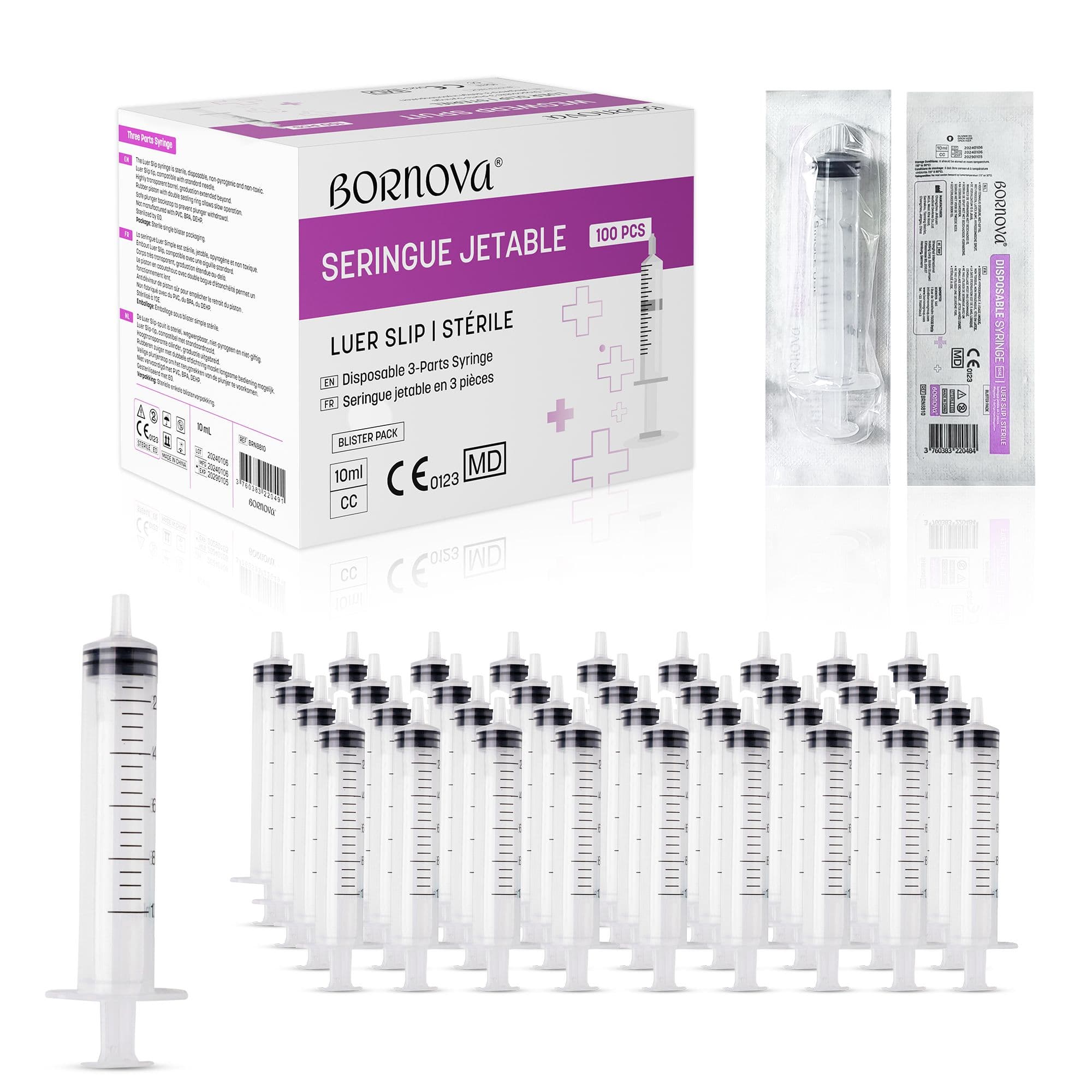BORNOVA — Seringue Luer Slip 3 pièces sans aiguille (3 ml, 5 ml, 10 ml)