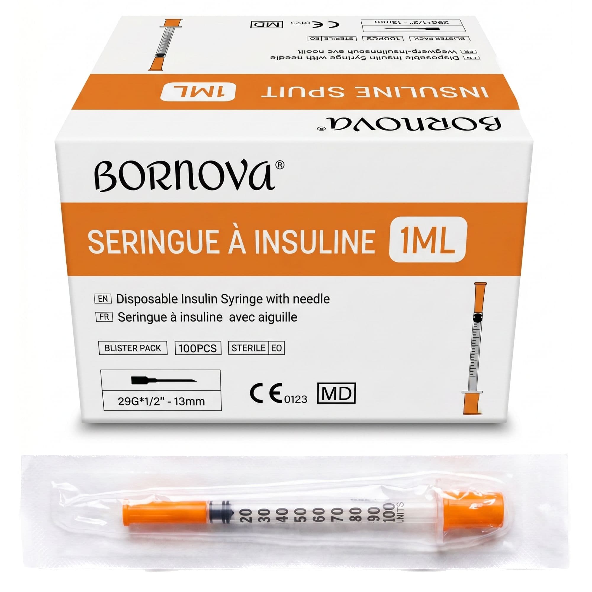 Seringue à insuline U-100 (100 UI/ml), stérile, à usage unique, avec aiguille fixe 29G × 13 mm