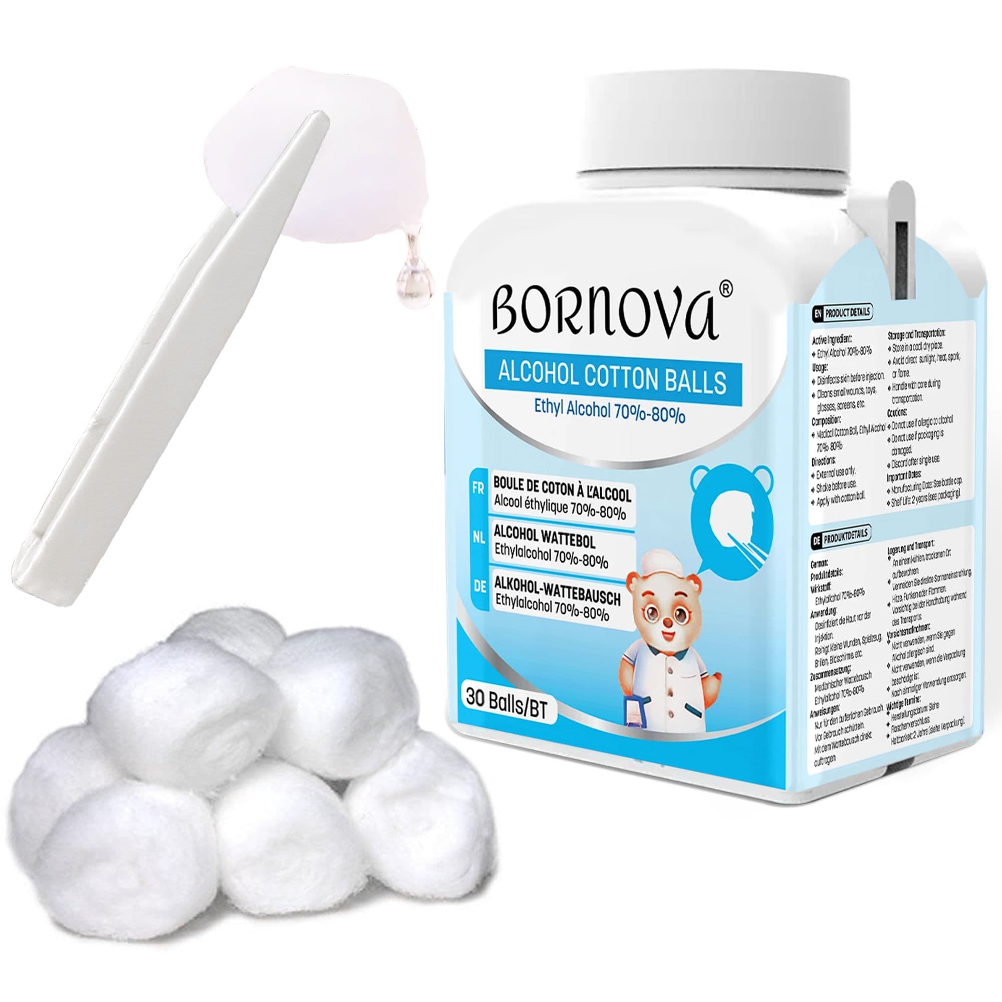BORNOVA — Boules de coton alcoolisées 70-80 % (flacon de 30 boules)